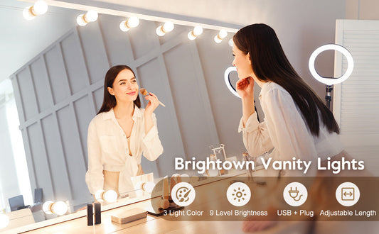 Hollywood Style Vanity Mirror Light Kit – USB Powered Dimmable LED Bulbs with Adjustable Brightness, 3 Color Modes, Easy Installation with Strong Adhesion, Portable Makeup Lighting for Bedroom, Dressing Room, and Beauty Setup
