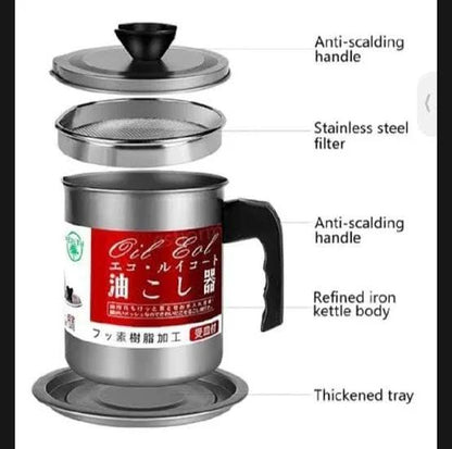 Stainless Steel Oil Filter Pot, Kitchen Oil Separator And Storage Can With Fine Mesh Strainer