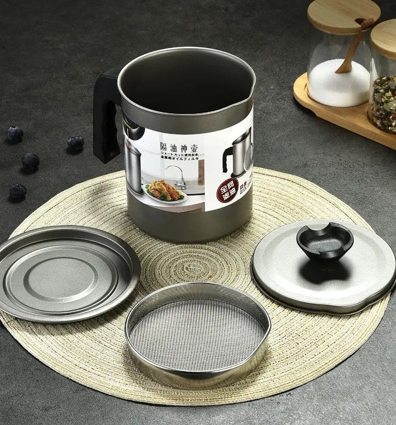Stainless Steel Oil Filter Pot, Kitchen Oil Separator And Storage Can With Fine Mesh Strainer