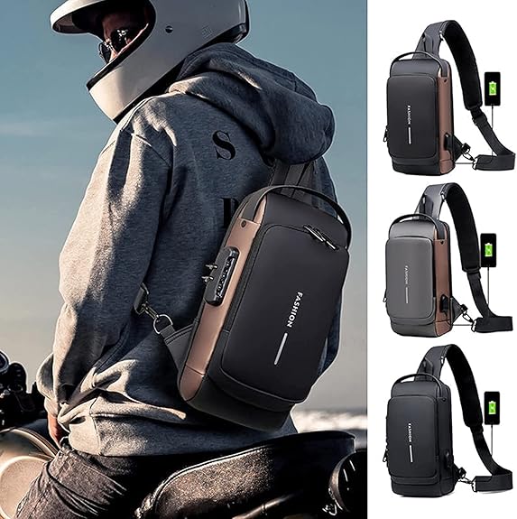 Anti-Theft Shoulder Bag Crossbody Bag Travel Sling Bag with USB Port and Code Lock Messenger Backpack Chest Bag for Male Female