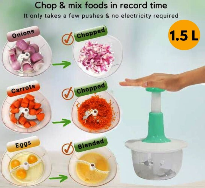 Manual Food Chopper (1.5L) –\Chopper with 3 Sharp Curved  Blades.