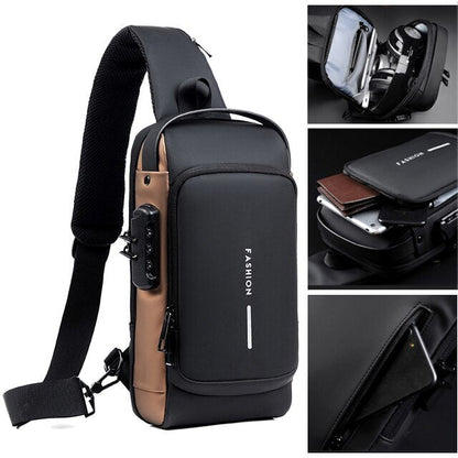 Anti-Theft Shoulder Bag Crossbody Bag Travel Sling Bag with USB Port and Code Lock Messenger Backpack Chest Bag for Male Female