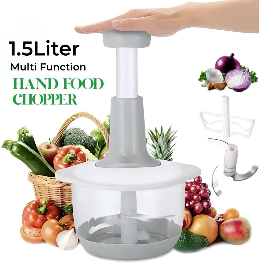 Manual Food Chopper (1.5L) –\Chopper with 3 Sharp Curved  Blades.